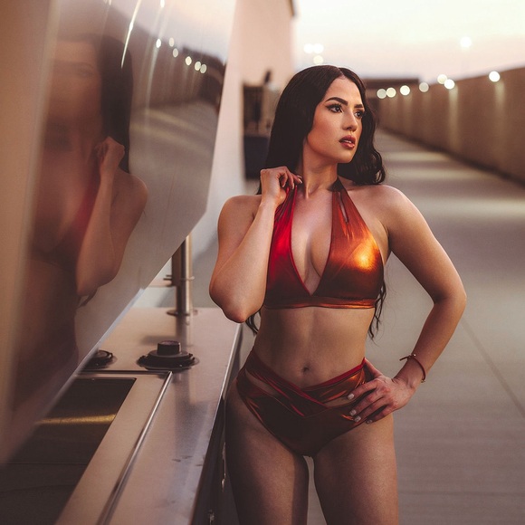 Fuego color block red and orange halter bikini top. NWT. Metallic. - Picture 4 of 14